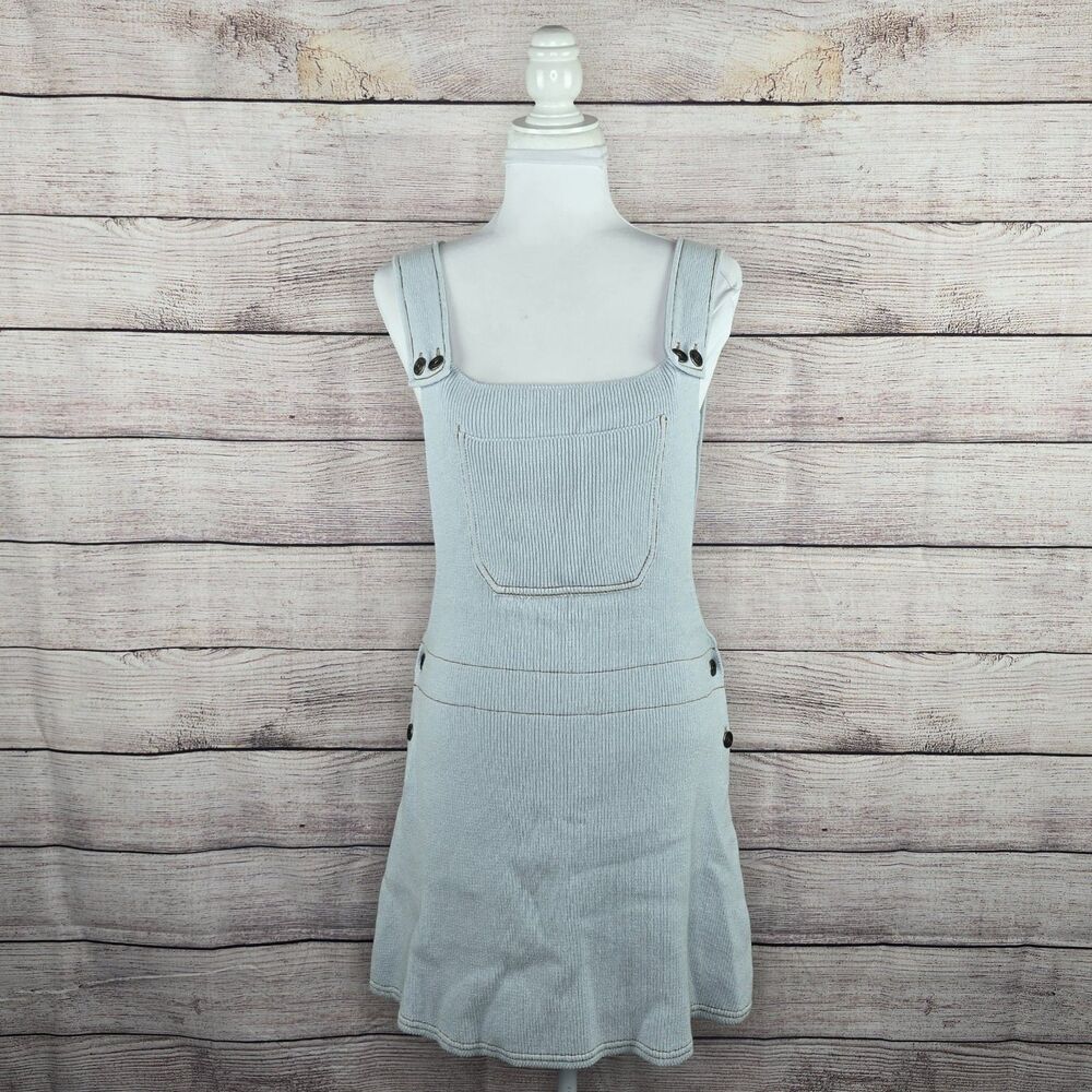 ZARA Ribbed Light Blue Knit Bib Overall Blue Mini Dress Jumper Medium